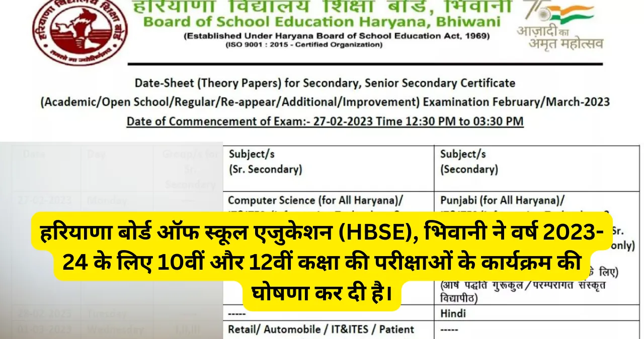 HBSE Date Sheet 2024